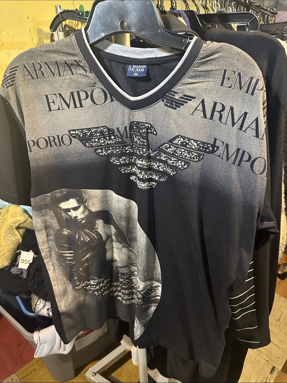 Emporio Armani Black and Gray Graphic V-Neck Tee M